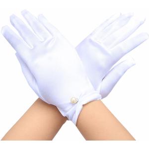 Casdre Short Satin Wedding Gloves Pearl Bridal Glove Evening Party Wrist Length Gloves for Women and Girls
