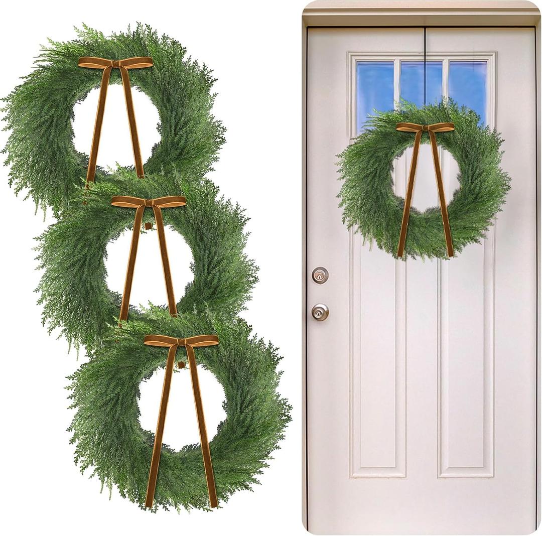 3 Pcs 20 Inch Christmas Cedar Wreath Artificial Greenery Wreath Winter Farmhouse Holiday Decoration with Khaki Ribbon Bow for Front Door Window Xmas Indoor Outdoor Home Decoration