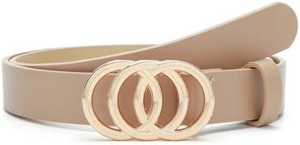 Pettata Women Belt for Jeans Dress O-Style Gold Buckle Ladies Skinny Waist Faux Leather Belts Beige Small