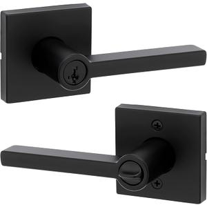 Kwikset Halifax Entry Door Handle with Lock and Key, Secure Keyed Reversible Lever Exterior, For Front Entrance and Bedrooms, Matte Black, Pick Resistant Smartkey Rekey Security and Microban (1 Pack)