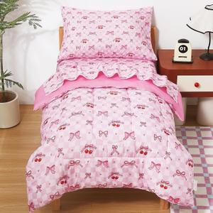 lasoftan Toddler Bedding Set, Toddler Bed Comforter Sets for Girls, Toddler Bed Set, Pink Cherry Printed