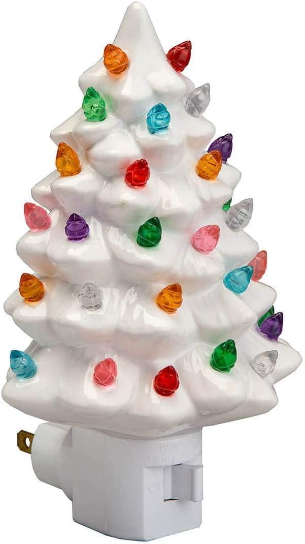 Collections Etc. Decorative Ceramic Christmas Tree Night Light -White