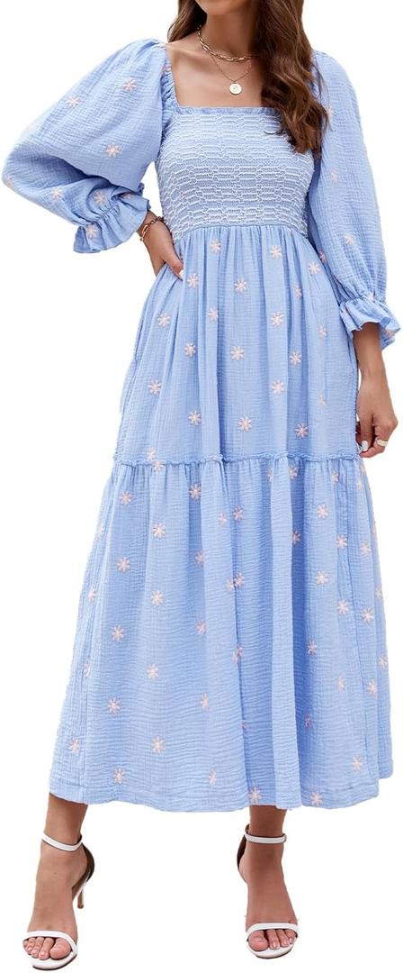 Women Floral Embroidered Maxi Dress Long Puff Sleeve Square Neck Bohemian Flowy Dress with Pockets Summer Fall (Small, Light Blue)