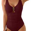B2prity One Piece Swimsuit for Women Tummy Control V Neck Bathing Suit Slimming Ruched Swim Suit Cutout Swimwear (Medium, Ribbedwine Red)