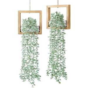 2 Pack Fake Plants Hanging, Artificial Eucalyptus Vines in Square Wooden Frame with LED Lights, Boho Wall Decor for Office Living Room Bathroom Bedroom Kitchen, 7.8 inch, Burnt Wood