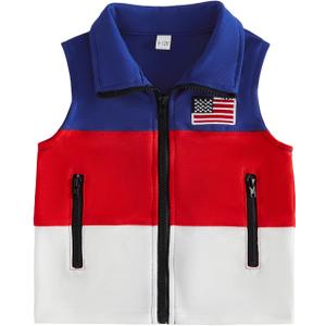 Toddler Baby Boy 4th of July Outfit American Flag Sleeveless Blue Red White Vest Zip Up Sweatshirt Jacket Cardigan