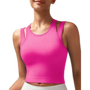 RUNNING GIRL Sports Bras for Women High Impact Seamless Ribbed Longline High Neck Workout Crop Tank Tops Padded (Large, B-hot Pink)