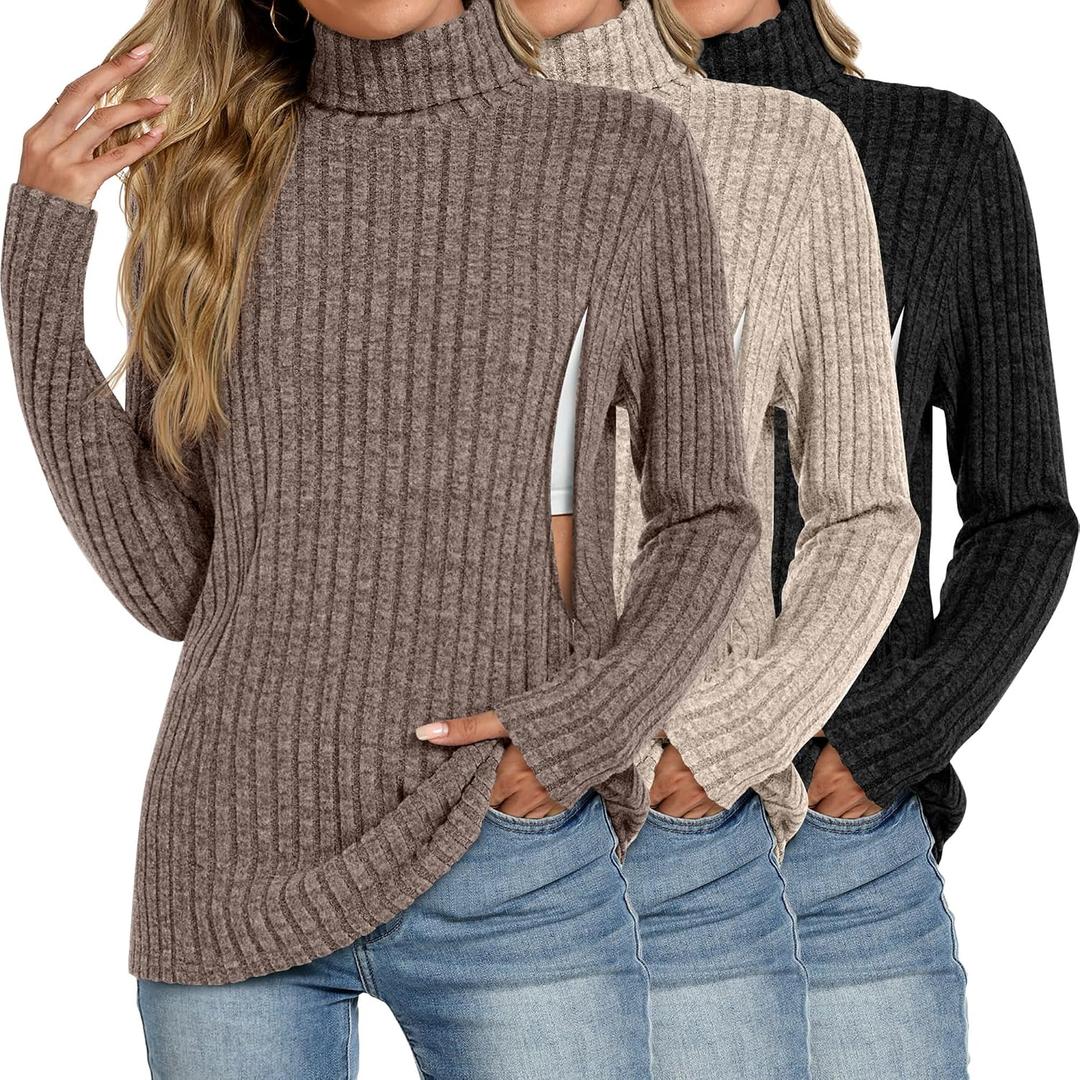 3 Pack Women Turtleneck Nursing Tops, Breastfeeding Maternity Shirts Long Sleeve Ribbed Sweaters with Hidden Zips, Coffee, Apricot, Black, Medium