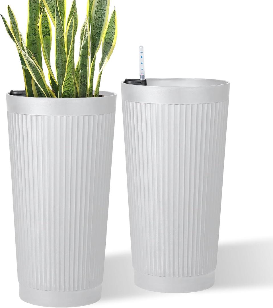 24in Tall Self-Watering Planters Set of 2, White | Water level indicator, Self-watering irrigation system, Non-toxic PP plastic, Weather Resistant, Indoor Outdoor Use