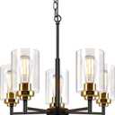 5-Light Chandelier for Dining Room Kitchen Island Modern Farmhouse Pendant Lighting with Clear Glass Shades Industrial Black Hanging Ceiling Light Fixture for Foyer Living Room, Height Adjustable