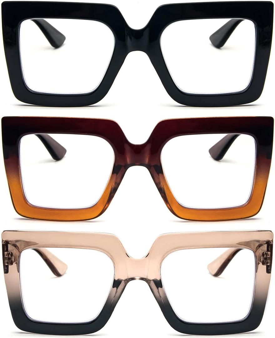REAVEE 3 Pack Oversized Reading Glasses for Women Large Frame Extra Wide, Blue Light Blocking Stylish Thick Square Readers