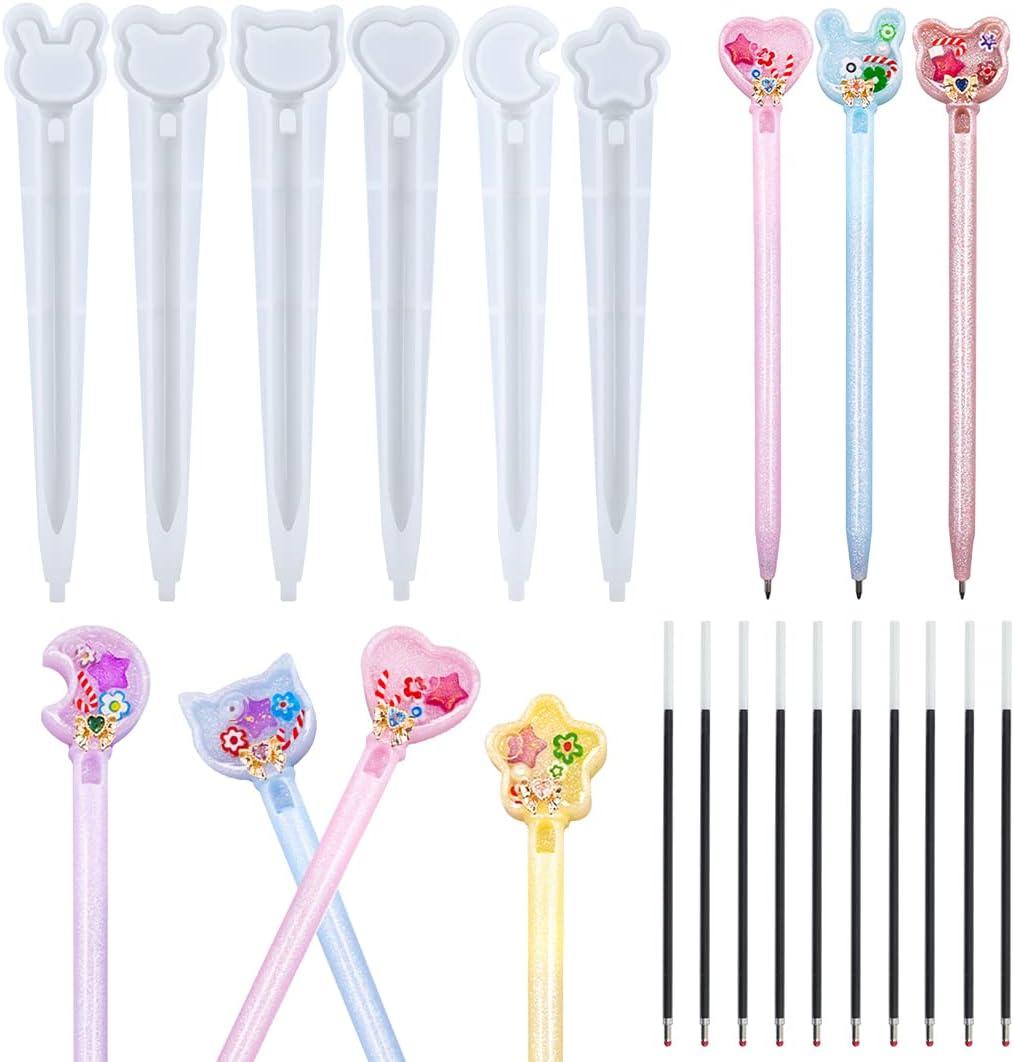 6 Pcs Silicone Resin Cute Pen Molds Star Bear Cat Bunny Moon Heart Shaped, UV Epoxy Resin Pen Casting Molds with 10 Black Refills for Kawaii Craft Making