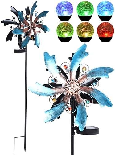 SteadyDoggie Solar Wind Spinner - Metal Garden Decor with Multi-Color Changing LED Lights - Garden Wind Spinners - Kinetic Windmill Sculpture for Decorations -Decorative Lawn Ornaments - 56"x12.4"