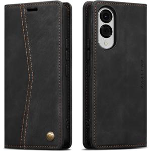 QLTYPRI Case for Samsung Galaxy S25 Edge, Vintage PU Leather Wallet Case Card Slot Kickstand Magnetic Closure Shockproof Flip Folio Cover for Samsung Galaxy S25 Edge - Retro Black