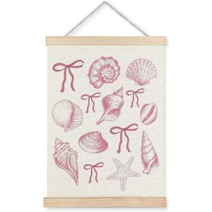 ignytiger Coastal Beach Seashell Wall Art Poster Framed, Ocean Beachy Room Decor Aesthetic, Pink Coquette Bow Seashell Canvas Wall Art Prints for Girly Home Bedroom Decor, 12x16 Inches