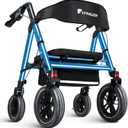 Rollator Walker with Seat,12" Front Wheels 10" Rear Rolling Walker, Extra-Wide Heavy-Duty Rollator Walker with Seat and Brakes for Seniors and Adults Bariatric with Large Aluminum (Blue)