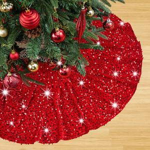 Red Christmas Tree Skirt 48 Inch Red Velvet Sequin Tree Skirt Tree Skirt Cover Large Xmas Tree Skirts for Christmas Tree Decorations