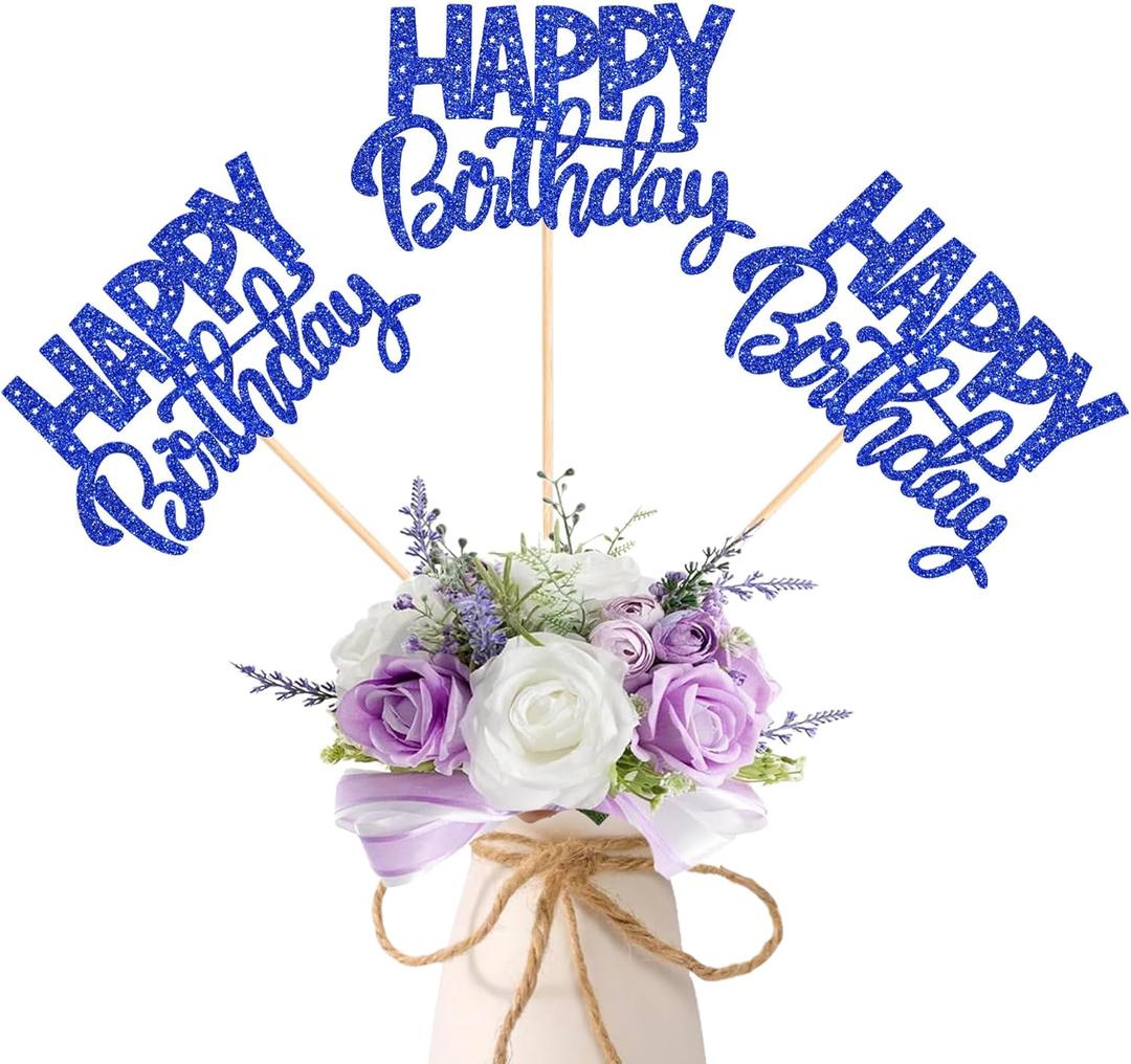 Rsstarxi 12 Pack Happy Birthday Party Decorations, Birthday Sign Centerpiece Sticks Double Sided Glitter Blue Table Toppers Decorations for Baby Shower Anniversary Party Decors Favors