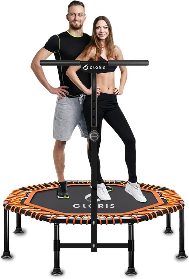 Cloris 50inch Mini Trampoline with Adjustable Handle Bar Fitness Trampoline Bungee Rebounder Jumping Cardio Trainer Workout for Adults, Max Load 450lbs with 5 Hights Adjustable Foam Handle, Black/Orange
