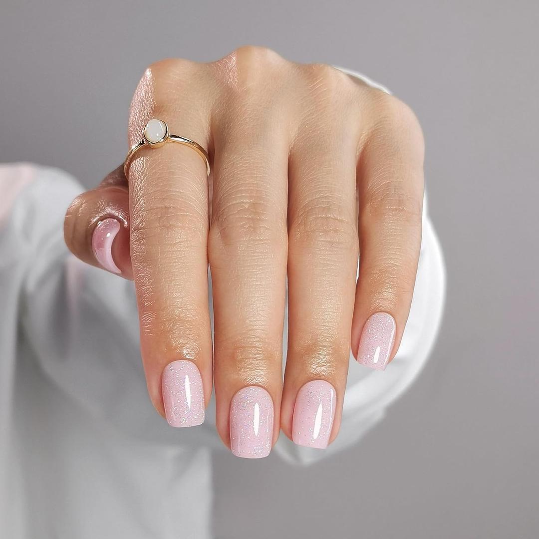 Press on Nails Square - Soft Gel Pink Press on Nails Short for Women Gift, Fit Perfectly & Natural Stick on Nails with Glue in 16 Sizes - 32 Reusable Fake Nails, Shimmering Pink