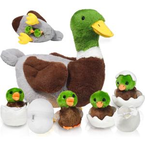 7 in 1 Mallard Duck Stuffed Animals Duck Plush Toys, 12" Zipper Mommy Stuffed Duck with 4 Baby Ducks Ducklings Eggs Green Duck Plushies Pillow for Kids Birthday Easter Stuffers Gifts Farm Party Decor