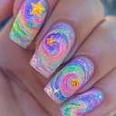 MERVF Long Press on Nails Square Fake Nails Colorful Swirls Design Manicure Star Glue ons Rainbow Acrylic Squoval Nail DIY Supplies Glossy 24pcs Pack of 2