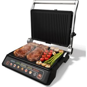 3-in-1 Indoor Grill & Griddle: 180° Flat Opening, Preset Menu, 1600W Electric Panini Press Sandwich Maker with Removable Non-stick Plates, Easy to Clean (Black, 14.25x13.4x5.9″)