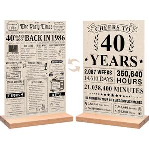 Vintage Back in 1986 Birthday Poster Double-sided Acrylic Decor | 40th Birthday Decorations for Women Men, 40 Anniversary Decoration Gifts, Retro 40 Year Old 1986 Themed Table Sign with Stand