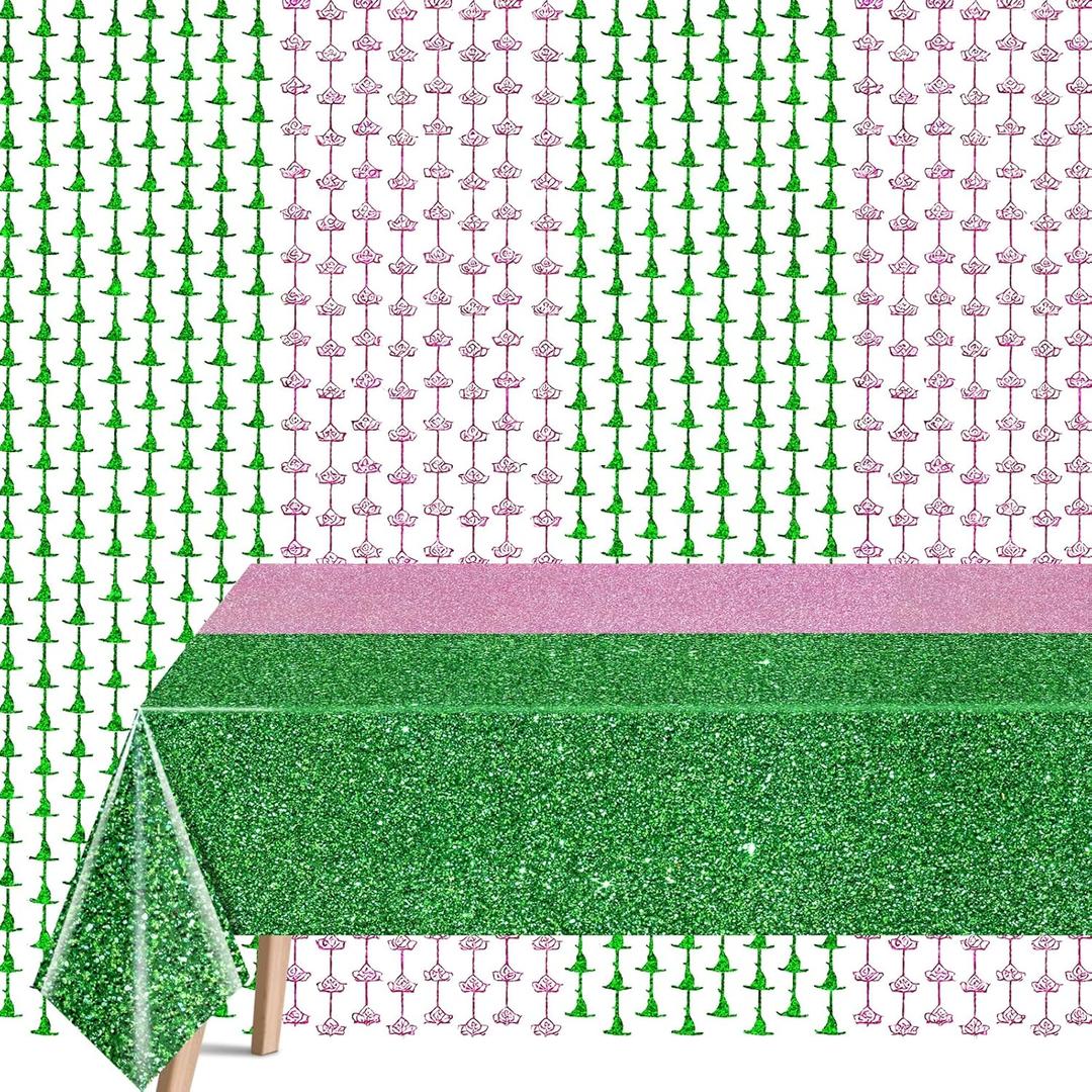 Witch Hat Crown Curtain Magic Bad Witch Theme Party Decoration,3.3 x 6.6ft Tinsel Foil Curtain Backdrop, Pink and Green Waterproof Tablecloth for Halloween, Wicked Party Decorations, 3Pcs