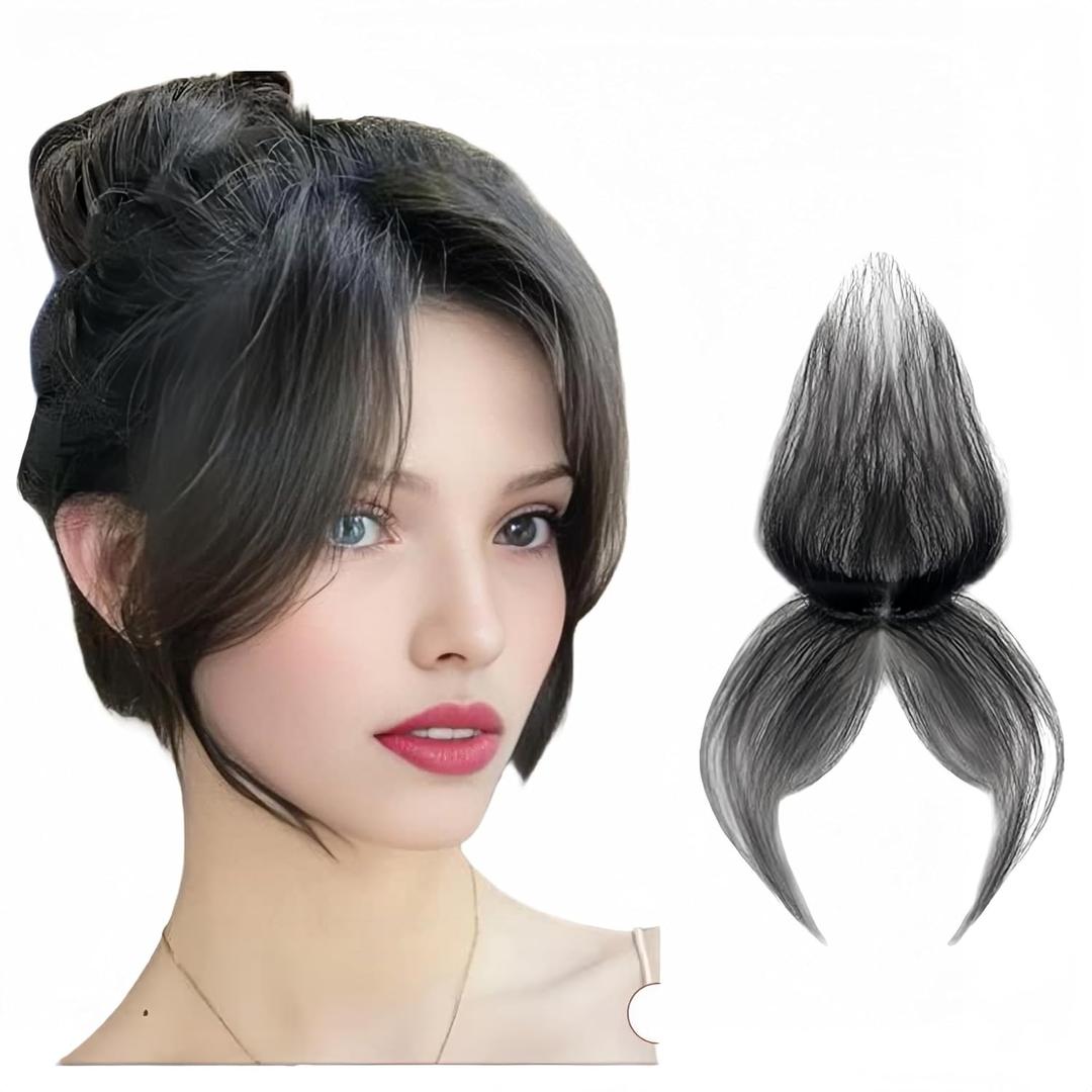 Human Hair Bangs 10" Clip In Fake Baby Hair & Wispy Side Bangs 8g Ultra-Light Invisible Lace Edge Forehead Hairline Topper (Black, Lace 12x2 cm)