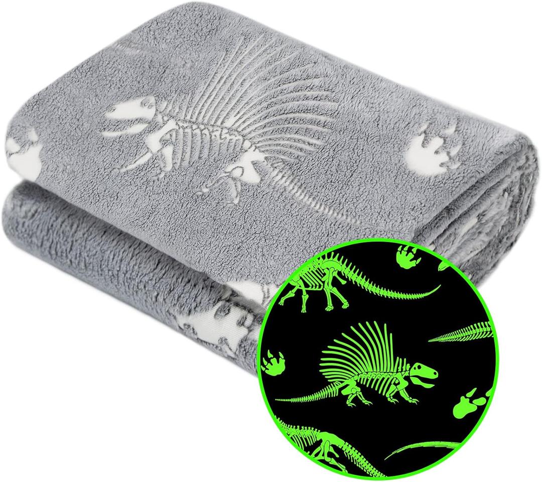 Glow in The Dark Blanket Dinosaur Throw Blanket for Boys Kids Soft Warm Cozy Cute Dino Blanket Unique Dinosaurs Toys Gifts Gray Glowing Dinosaur Room Decor Blankets for Girls Teens 50"x60"