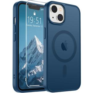 SUPFINE Magnetic for iPhone 15 Plus Case & iPhone 14 Plus Case with Screen Protector (Compatible with MagSafe)(Military Grade Drop Protection) Translucent with Anti-Fingerprint Phone Case,Deep Blue
