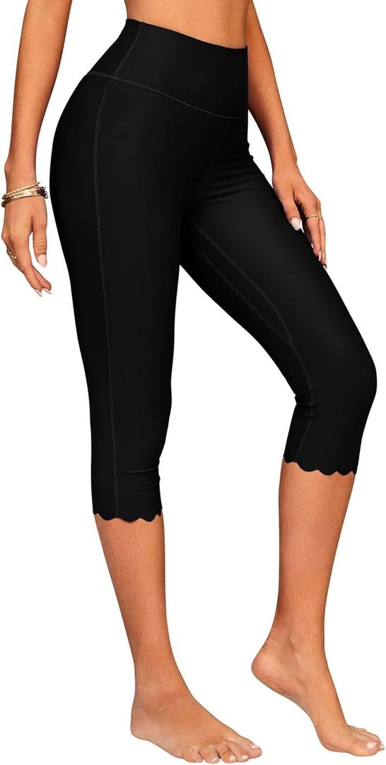 ATTRACO Swim Pants for Women High Waisted Swim Capris Swim Shorts Swimming Leggings (XX-Large, #3 Scalloped-black)