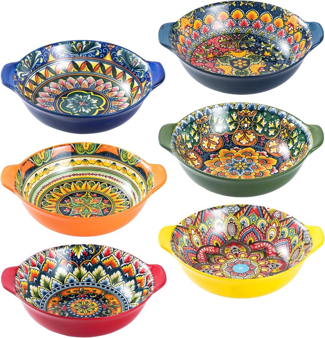 Henten Home Ceramic Soup Bowls Set, 14 oz Cereal Bowl Set of 6, Porcelain Small Dessert Bowls with Handle, for Serving, Snack, Salad, Bohemian, Microwave & Dishwasher Safe