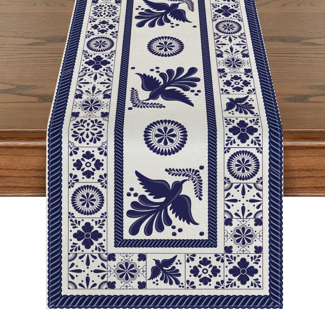 Artoid Mode Floral Bird Dia De Los Muertos Mexican Table Runner, Blue Patchwork Tiles Kitchen Dining Table Decoration for Home Party Decor 13x90 Inch