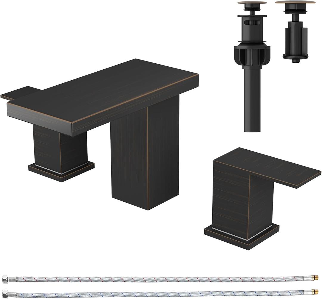 Hoimpro 8 Inch Oil Rubbed Bronze Widespread Waterfall Bathroom Sink Faucet, Square Two Handle Vanity Bathroom Faucet with cUPC Supply Hose, 3 Holes Faucet with Pop Up Drain, Stainless Steel