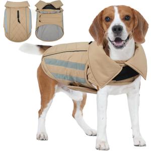 IECOii Dog Coat for Winter - Warm Cold Weather Vests for Broad Chest Dogs, Reflective & Adjustable Vest Jacket for Outdoor, Waterproof Winter Jackets Mashine Washable, Khaki (Large (Chest:20.5-24.4 in))