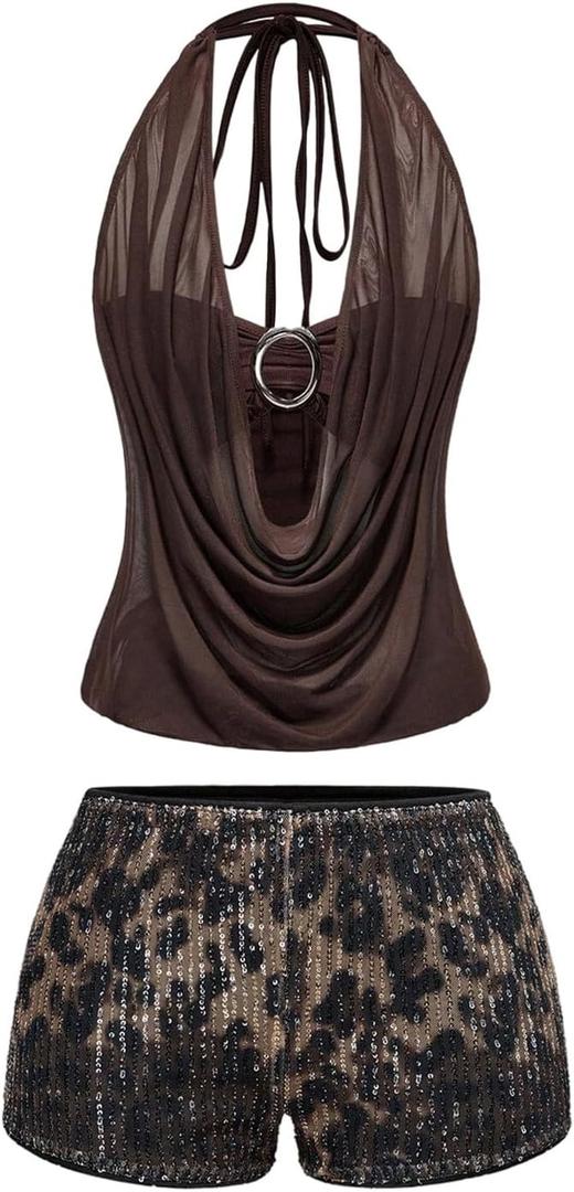 SHENHE Women's Sexy 2 Piece Outfits Draped Halter Tops and Sequin Leopard Shorts Sets Clubwear, Small