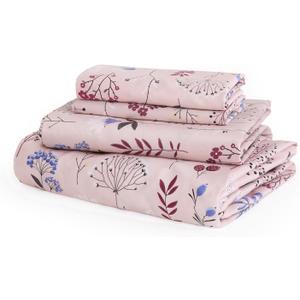 JSD 100% Cotton Pink Floral Sheet Set Queen, 300 Thread Count Printed Sateen Sheets, Soft Breathable Cooling Bed Sheets Deep Pocket