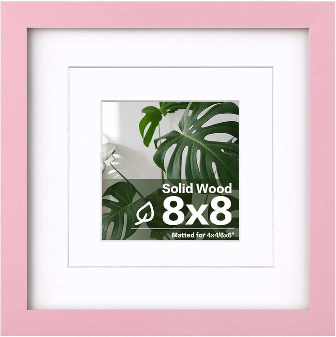 Egofine 8x8 Picture Frame Made of Solid with Plexiglass, Display Pictures 4x4/6x6 with Mat or 8x8 Without Mat for Tabletop and Wall Mounting, Pink