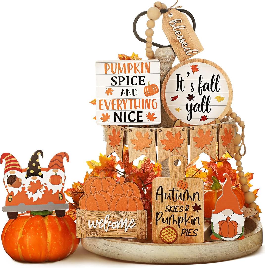 Jetec 12 Pcs Fall Tiered Tray Decor Set Thanksgiving Wood Sign Pumpkin Gnome Rustic Wood Fall Decoration for Home Farmhouse Decor Maple Leaf Decorative Trays Signs for Thanksgiving Table Holiday