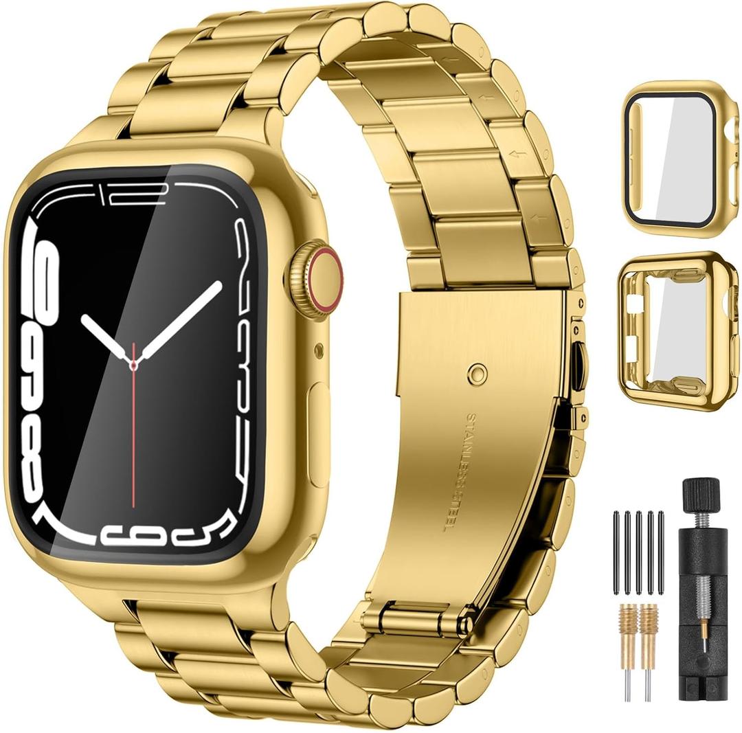 Lerobo Compatible with Apple Watch Band  42mm, Solid Stainless Steel Metal Band with 2 Pack Protective Cover Case for iWtach Series 11 10  SE Ultra Men Women (Gold)