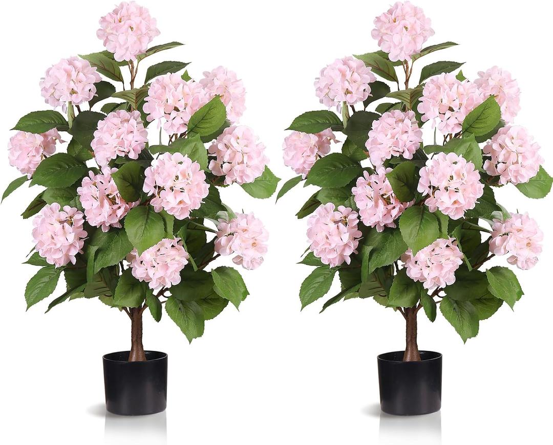 3FT Artificial Hydrangea Tree with Pink Flowers, 2 Pack Faux Silk Plant Fake Hydrangea Bush Flower Tree for Porch Patio Living Room Decor