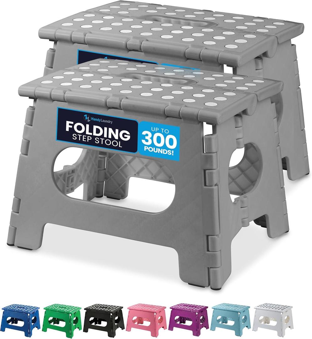 Handy Laundry Folding Lightweight Step Stool - Sturdy Enough to Support Adults and Safe Enough for Kids - Opens Easy with One Flip - Great for Kitchen, Bathroom or Bedroom (Grey | 2-Pack) (Gray)