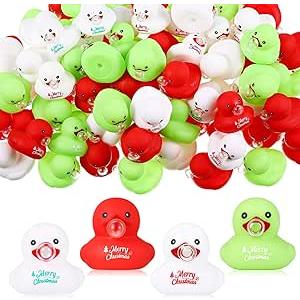 Junkin 24 Set Christmas Ducks Gifts Set Includes Mini Rubber Ducks Keychain Greet Card and Transparent Gift Bags for Xmas Birthday Gifts Pendant Accessories Party Favors