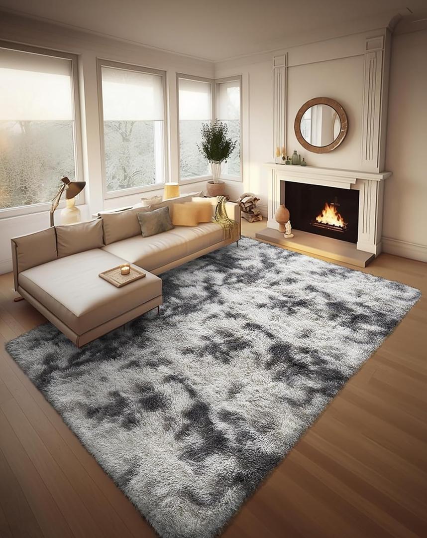 Ophanie Tie-Dyed Grey&White 8x10 Area Rugs for Living Room, Large Shag Bedroom Carpet, Big Indoor Thick Soft Nursery Rug, Fluffy Carpets for Boy and Girls Room Dorm Home Decor Aesthetic (8' x 10', 4- Tie-dyed Grey & White)