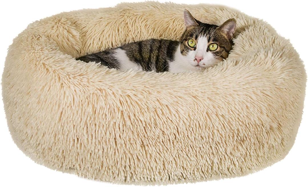 Calming Cat Bed - Anti Anxiety Round Fluffy Plush Faux Fur, Washable 23 inches Small Dog & Cat Bed (Beige)