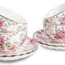 Tea Cup and Saucers, 6.4oz Floral Tea Cups with Gold Trim, Porcelain Teacup, Coffee Cappuccino Espresso Latte Mugs for Party Birthday, Party Cafe Home, Christmas Gift (White)