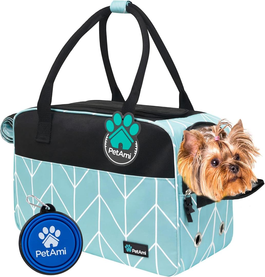 PetAmi Dog Purse Carrier for Small Dogs, Airline Approved Soft Sided Pet Carrier with Pockets, Ventilated Dog Carrying Bag for Puppy Cat, Dog Travel Supplies Bag, Sherpa Bed, Max 12 lbs, Chevron Teal (One Size (Pack of 1))