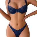 Lilosy Sexy Underwire Push Up Scallop Floral Lace Sheer Lingerie Set for Women Bra and Panty 2 Piece (Blue)